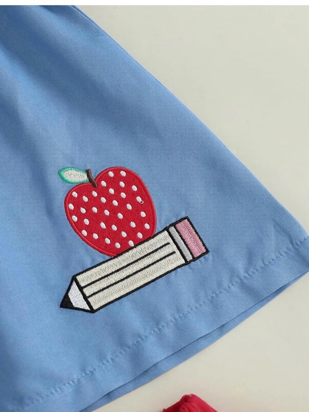 Blue Ruffle Sleeve Top & Red Ruffle Shorts Set - Apple Pencil Applique